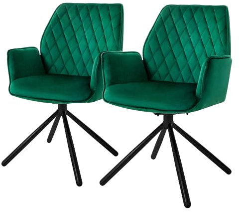 ML-Design Esszimmerstühle 2er Set Samt Dunkelgrün, Wohnzimmerstuhl mit Arm- und Rückenlehne, Drehstuhl Auto-Position, Polsterstuhl mit Metallbeine, Ergonomische Sessel Küchenstuhl drehbar Loungesessel
