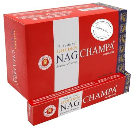 Vijayshree Golden Nag Champa – 12 Packungen à 15 g = 180 g – Aromatherapie – Meditation – Spiritualität – 100% natürlich, umweltfreundlich