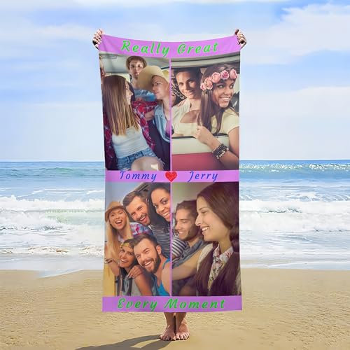 Bbflyper Strandtücher Personalisierte,Strand-Badetuch mit Eigenem Foto,Superweiches Mikrofasergewebe Geschenk für Bad,Strand,Sommer-4 Fotos