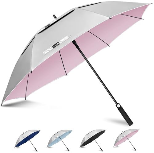 ZOMAKE 50 Inch Golf Regenschirm Sonnenschutz für UV,L Großer Winddicht Regenschirm Groß Upf 50 + Selbst öffnend Belüftet,Große Größe Golfschirm Sturmfest für Sonne und Regen(Silber Rosa)