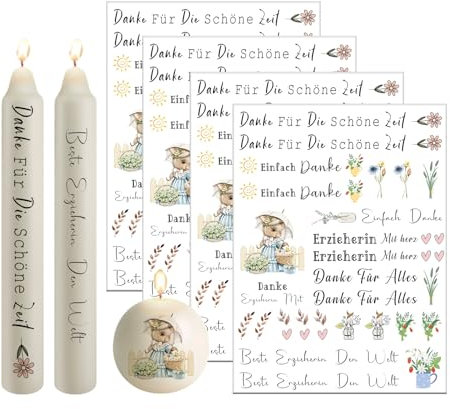 Bolosa 4 Stück Kerzentattoos Abschiedsgeschenk Erzieherin, Geschenke für Erzieherin, Wasserschiebefolie Danke Erzieherin Abschied, Rub on Sticker Erzieherin, 19x14cm Kerzentattoo Erzieherin(Danke 6)