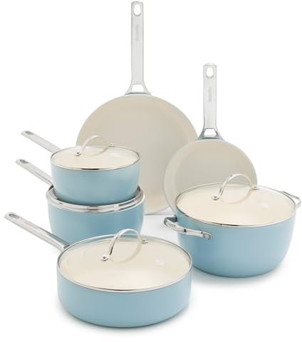 GreenPan Padova Pro 10 Piece Cookware Pots and Pans Set, Hard Anodized Healthy Ceramic Nonstick PFOA and PFAS-Free, Induction Suitable, Stainless Steel Handles, Dishwasher and Oven Safe, Blue Haze