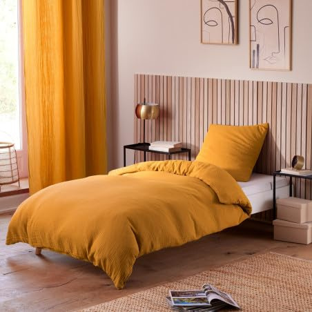 Bettwäsche aus Baumwollgaze – für Einzelbett – Bettwäsche 140 x 200 cm (Gelb)