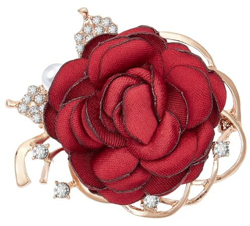 CRASPIRE Rose Broche Tissu Élégant Fleur Perle Roses Alliage Broches à la Main Perles de Cristal Tissu Floral Épinglettes Vintage Rouge pour les Femmes de Noce Saint Valentin Robe Costume Accessoires
