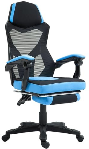 Vinsetto Chaise de Bureau Fauteuil Gaming Hauteur réglable Dossier roulettes pivotantes Repose-Pied Tissu en Maille 58L x 63l x 112-122H cm Bleu Noir