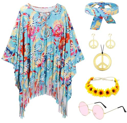 IWTBNOA Hippie Kostüm Damen Set mit Accessoires, 60er/70er Jahre, Mottoparty, Cosplay