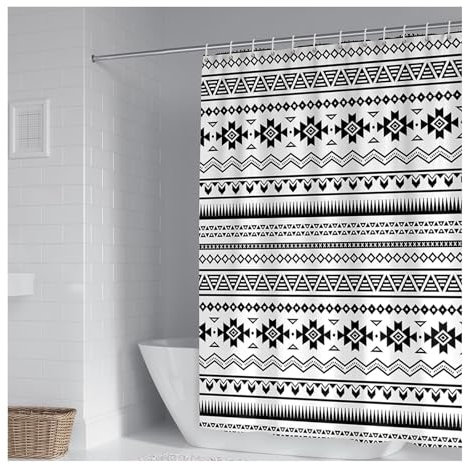 Epinki Duschvorhang Eckdusche 180x180cm, Polyester Badewannenvorhang Schwarz Weiß Geometrie Muster, Dusch Vorhang für Badewanne und Dusche im Badezimmer mit Duschvorhangringen, Schwarz Weiß
