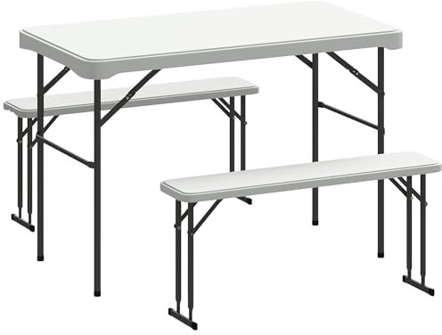 Outsunny 3 Piece 4ft Folding Picnic Table and Bench Set, Portable HDPE Camping Table and Chairs with Carrying Handle for Indoor Outdoor, Dining, Camping, Picnic, BBQ, Party, Light Grey