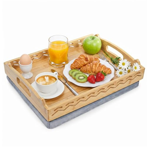 Okllen Bamboo Lap Tray with Detachable Cushion & Handles, 16x12.2 Breakfast Bed Tray for Eating, Recliner/Sofa/Bed, Housewarming Gift​