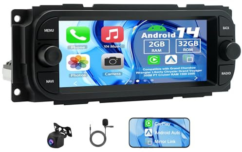 Slakerbe Android 14 Autoradio mit Carplay Android Auto kompatibel mit Grand Cherokee Wrangler Liberty Chrysler Grand Voyager 300M PT Cruiser RAM 1500 2500, 2G+32G 6.86 Zoll Auto Stereo mit WiFi FM