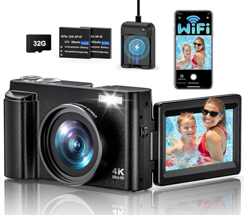 4K Digital Camera for Photography, WiFi 64MP 180° Flip Screen 3 Autofocus Vlogging Camera for YouTube with Flash, 16X Zoom Compact Digital Camera with 32GB Card, 2 Batteries for Beginner
