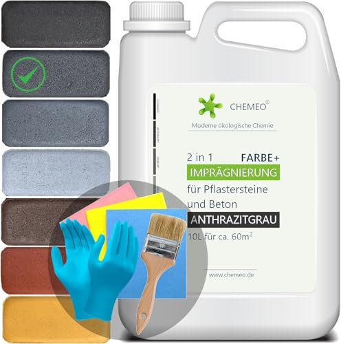 CHEMEO® Betonfarbe außen Frostsicher | Betonplatten, Terrassen und Pflastersteine Streichen | ANTHRAZIT Betonpflaster Farbe 10 liter für 60m2 | Bürste, Handschuhe und Tücher GRATIS