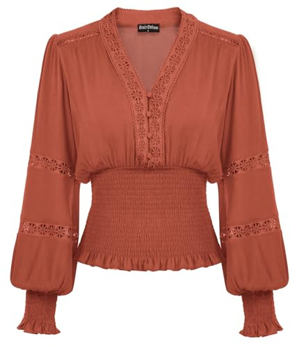 SCARLET DARKNESS Women Renaissance Tops Lace V Neck Lantern Sleeve Smocked Blouse