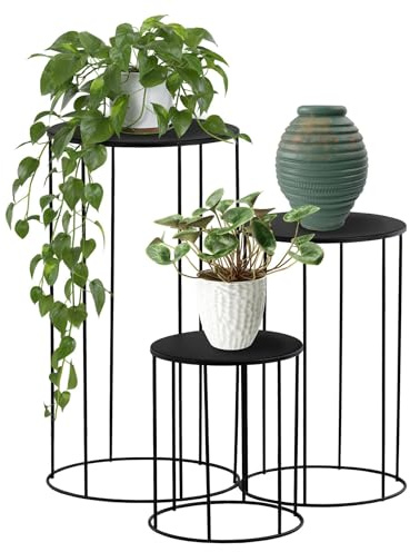 GEEZY Plant Stands Indoor, Set of 3 - Black Round Metal Flower Pot Stand, Aesthetically Pleasing Modern Planter Holders & Decorative Display Rack, Living Room Accessories for Home & Office