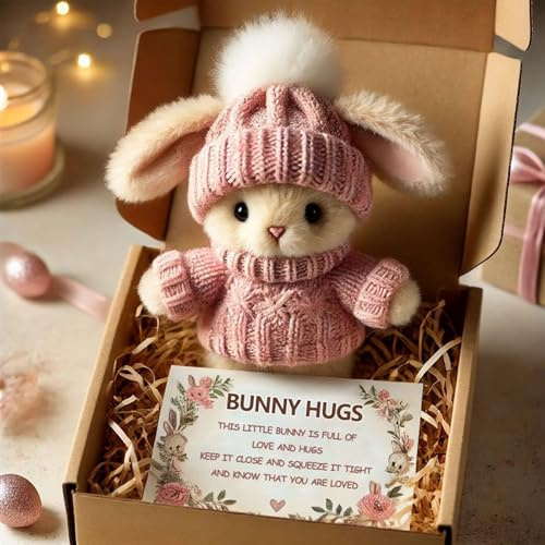 Kleiner Taschen Plüschhase mit aufmunternder Karte, Mini Bunny Hug Niedliches Ostergeschenk, Mini-Hasen in der Box, Handgefertigte Plüsch-Taschenhasen-Puppe, geeignet für Valentinstag, Ostern (Rosa)