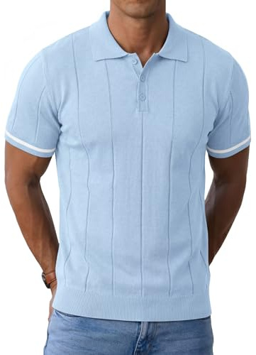 Elainone Mens Polo Shirts Short Sleeve Vertical Texture Casual Light Blue