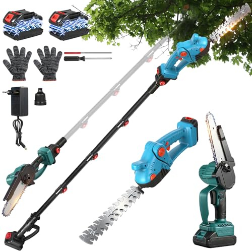 4 en 1 Mini Motosierra y Cortasetos Batería con Pértiga Telescópico, Eléctrica Herramientas de Jardín con 2 * 2000 mAh Baterías, Podadora Eléctrica para Cortar Jardines Arbusto y Ramas