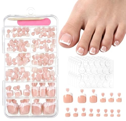 Ouligay Press On Toenails for Women, French Tips Press On Nails with Tabs, 120PCS Square Fake Toenails, Summer Pink Full Cover Toe Nails Press On