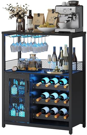 Litake Weinbarregal 3 Ebenen mit LED, Glashalter und Gittertür | 3-stöckiges Weinbarregal mit LED-Beleuchtung, abnehmbaren Weinregalen, Stauraum, Glashalter und Gittertür