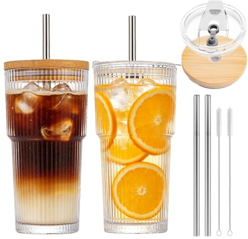 2 Piezas 600ml Vaso Vidrio con Tapa y Pajitas,Vasos Cristal Transparente | Impermeable,Tazas de Vidrio para Bubble Tea,Helado Diseño Hermético y Resistente,Adecuado para Jugo,Cócteles,Cerveza,Café