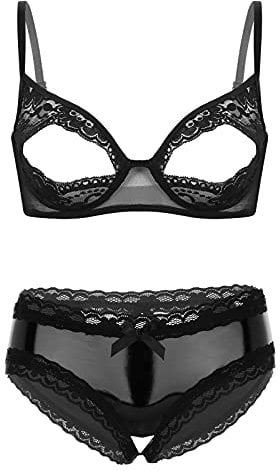 iiniim Women Hollow Out Bra and Panty Set See-Through Sheer Lace Babydoll Bralette Black L