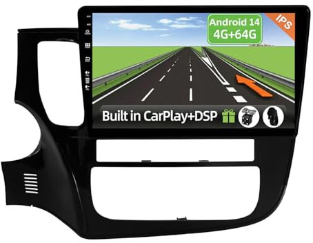 YUNTX Android 14 Autoradio Pour Mitsubishi Outlander 2012-2018-4G+64G- [Built in CarPlay/Android Auto/DSP] -GPS 2 Din- Gratuite Caméra 4-LED&MIC-Soutien DAB/Commande au Volant/MirrorLink/360 Caméra