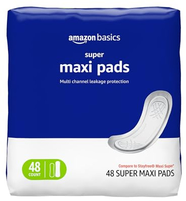Amazon Basics Maxi Pads For Periods- Thick, Super Absorbency, Unscented, 48 Count, 1 Pack