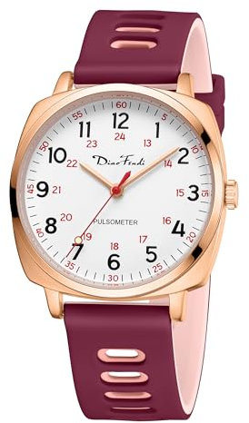 Diaofendi wasserdichte Krankenschwesteruhr für medizinisches Fachpersonal, Damen und Herren, 24 Stunden mit Sekundenzeiger, Militärzeit, leicht ablesbares Zifferblatt (Roségold-Weinrot-Rosa)