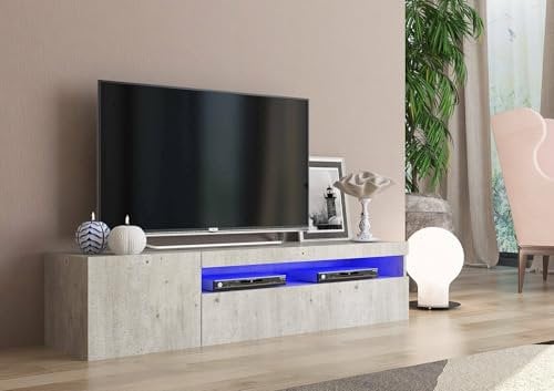 Dmora fabriqué en Italie, avec lumière LED Bleue, Support 2 Portes, Meuble TV de Salon, 150 x 40 x 37 cm, Couleur béton, Ciment