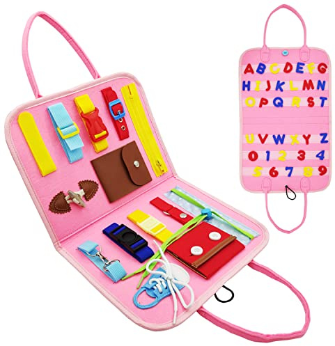 Busy Board Planche Montessori, Jeux Educatif Enfant Jouet Montessori Tableau Cadeau Noël, Apprendre Les Boucles Fermeture à GlissièRe Lacets et Cravates, pour Garcon Fille BéBé 1 2 3 4 Ans (Rose)
