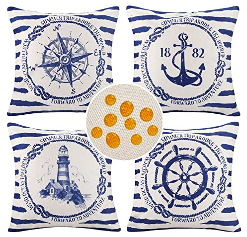 4 Stück Wasserdichte Kissenbezug 50x50cm Mittelmeer Anker Leuchtturm Kompass Ruder Navigation Kissenhülle Baumwolle Leinen Weicher Quadratischer Zierkissenbezüge für Couch Auto Zuhause Dekoration