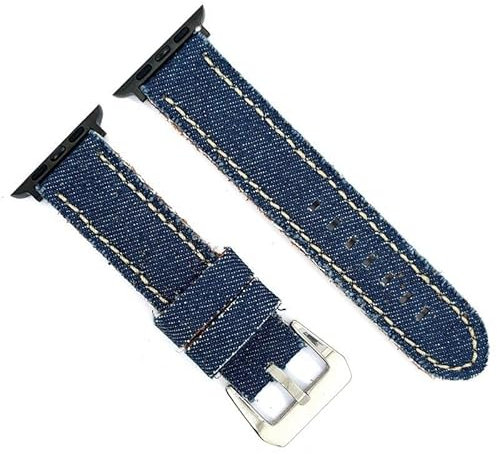 Bracelet compatible avec Apple Watch en denim et cuir. Ref AW390 Adaptateur Bleu Clair-Noir 42mm/44mm/45mm/49mm