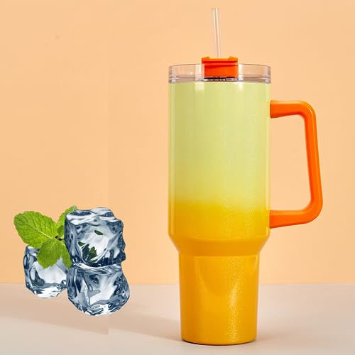 40oz Stainless Steel Vacuum Insulated Tumbler with Handle, Straw, and Lid - Perfect for Hot and Cold Drinks, Travel Coffee Mug, Insulated Water Bottle, Iced Coffee Cup-Yellow and Orange Gradient