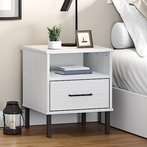 CIADAZ Nachttisch Oslo mit Metallbeinen, Nachtschrank, Nachtkonsole, Bedside Tables, Beistellschrank, Nachtkästchen, Nightstand, Nachtkommode, Weiß Massivholz Kiefer