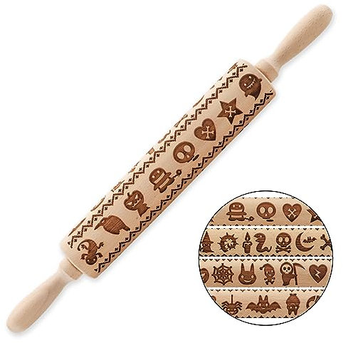 Rouleau à Pâtisserie Halloween en Relief, Rouleaux à Pâtisserie en Bois pour la Cuisson, Outils de Cuisine de Rouleau à Pâtisserie Gravés en Profondeur pour la Cuisson des Biscuits en Relief…