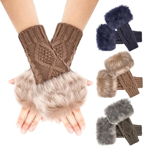 PHOGARY 3 Paar Halb Fingerlose Handschuhe, Winter Armstulpen Damen Kunstpelz Warme Strickhandschuhe Handschuhe mit Fingerlöchern Halb Handstulpen Pulswärmer für Herbst Winter Draußen und Drinnen, C