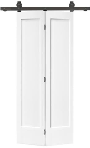 36 in. x 80 in. 1 Panel Shaker Primed MDF Composite Bi-Fold Barn Door with Sliding Hardware Kit