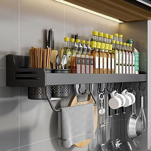 Scaffale per Spezie da Appendere, Organizer da Cucina Senza Forature Con Fessura per Coltelli, Ganci, Bicchieri, Mensole, Colore Nero, 50 cm
