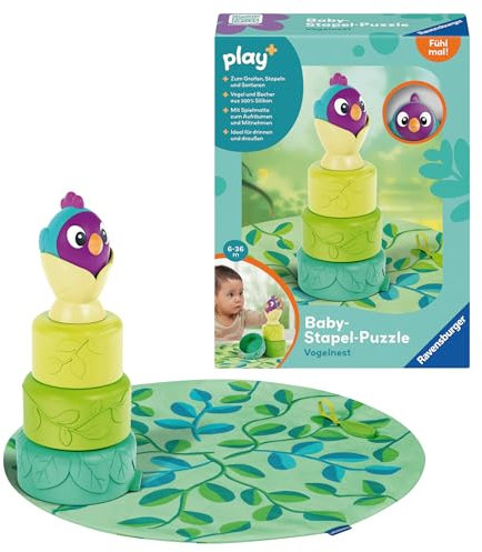 Ravensburger 4857 Play+ Baby-Stapel-Puzzle: Vogelnest, Montessori-Puzzle, Silikon, Saugnapf-Spielzeug für Baby ab 6 Monaten, Stapelturm aus Silikon mit Rassel, Babygeschenk