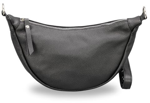 BRISE Halbmond Tasche Damen Echtleder Banana Bag PETRA Handgemachte Umhängetasche Schultertasche Crossbody Bag mit Ledergurt 4 Fächer Wasserdichte Stylische Made in Italy (Schwarz)