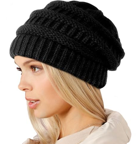 Figarge Strickmütze Damen Slouch Beanie Mütze Street Style Slouch Strickmütze mit Warmem Grobstrick Wintermützen Klassische Weiche Beanie Hut (DE/NL/SE/PL, Alphanumerisch, Einheitsgröße, Schwarz)