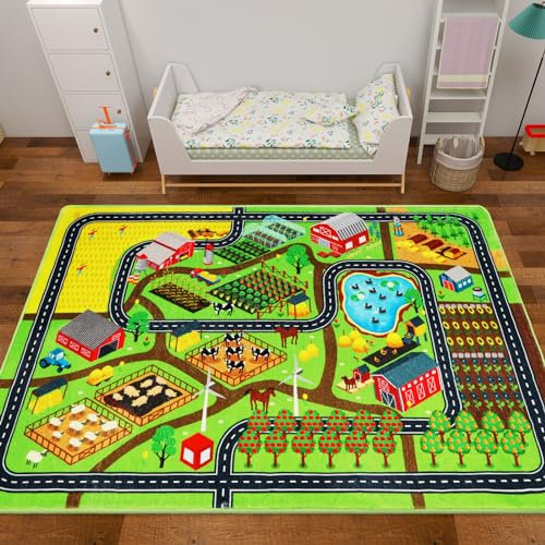 AKUNRUG Kinderteppich,150×100 cm Autoteppich für Spielzeugautos, Bauernhofleben, Straßenverkehr für Spielzimmer, Kinderauto-Straßenteppich, Dorfkarte, Spielmatte Spielteppich für Kleinkinder