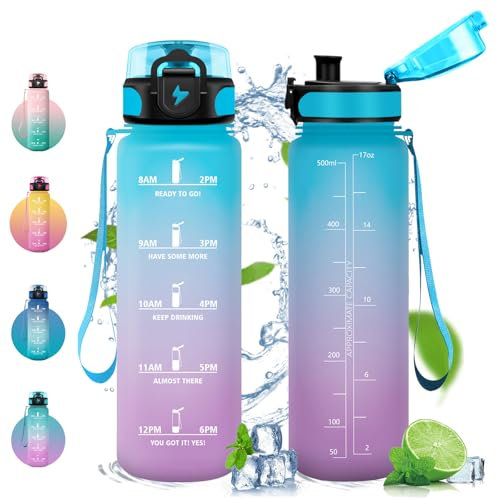 Vikastar Botella Agua, 0.5l Botella de Agua Deportiva, Botella con Filtro de Agua, Libre de BPA, Botella de Agua, Cantimplora para Deportes, Fitness, Yoga, Azul-Morado