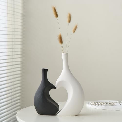 Keramik Herz Vase Modern Schwarze und Weiße Matt Vasen Set, Deko Vase für Blumen, Rustikale Deko Vasen für Wohnzimmer, Aesthetic Tischdeko