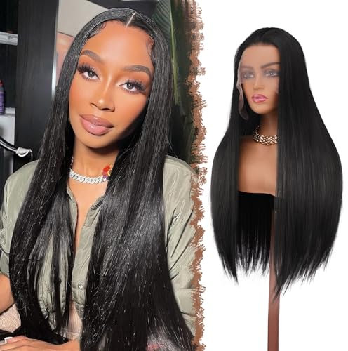 FESHFEN Lace Front Perücke Schwarz - Lange Glatt Perücken für Damen Natürliche Synthetik Haar Wigs Gerade Spitzenfront Haarperücke für Tägliche Karneval, 75 cm