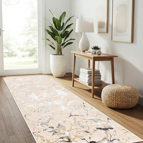 TAPISO Crystal Teppichläufer Kurzflor Glänzend Beige Gold Creme Grau Marmoreffekt 3D Effekt Wohnzimmer Schlafzimmer Modern Design ÖKO-TEX 80 x 250 cm