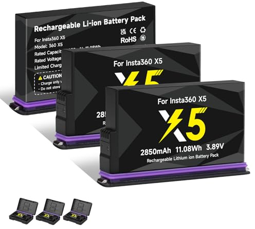 CITYORK [3er Pack] 2850mAh Akku für .Insta-360. X5 Sportkamera Ersatzakku, Wiederaufladbare Akku für .Insta-360. Zubehör Lange Lebensdauer, Einfachen Austausch[Mit Schwarz feiner Verpackung Gehäuse]