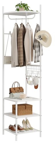HOOBRO Corner Coat Stand, Coat Stands for Hallway, Freestanding Coat Rack with 5 Hooks and 4 Shelves, Clothes Rail with Hanging Rail, S-Hooks, Clothes Stand for Hallway, Bedroom, White EWT48YM01
