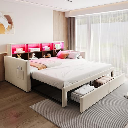 NNJN 90/180 x190cm Ausziehbares Polsterbett Schlafsofa 90/180 x190cm, Kopfteil mit integrierten Staufächern, LED-Lichtleiste und Ladesteckdosen, Mit Zwei Schubladen und Lattenrost, Samtstoff Beige