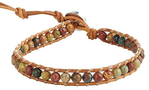 KELITCH Achat Perlen Strang Armbänder Leder Wickelarmband Handgefertigte Manschette Verstellbares Armband Neu (Braun)